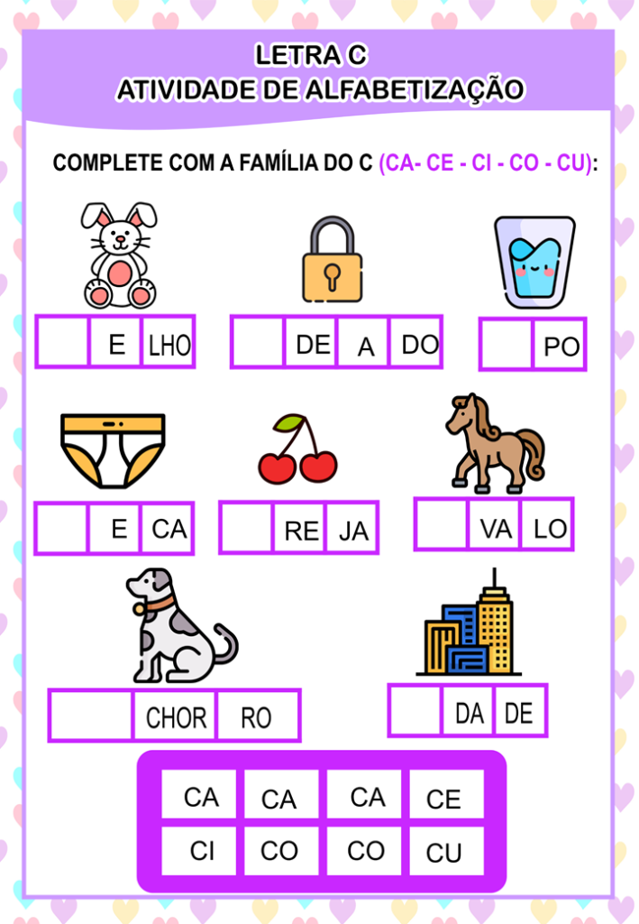 Jogo de letras e sílabas - Para recortar e formar palavras - Alfabetização  infantil AULINHA.