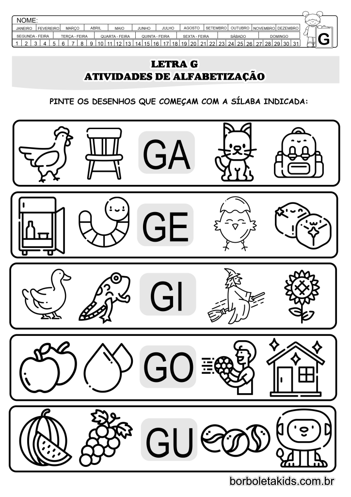 Letra G - Atividades de Alfabetização